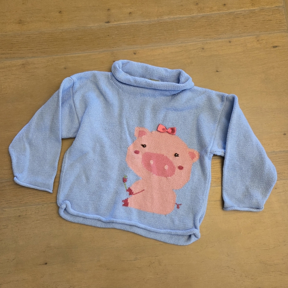 Adorable Blue Kids Sweater with Pink Pig Design